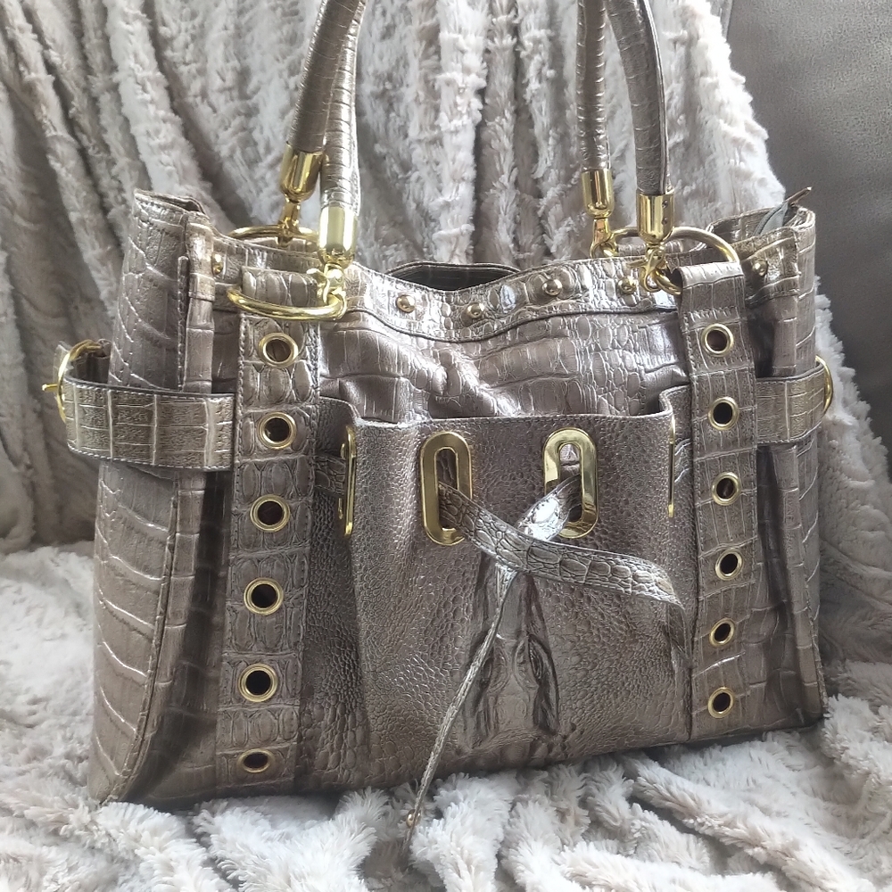 Faux Croc Taupe Double-handle Handbag